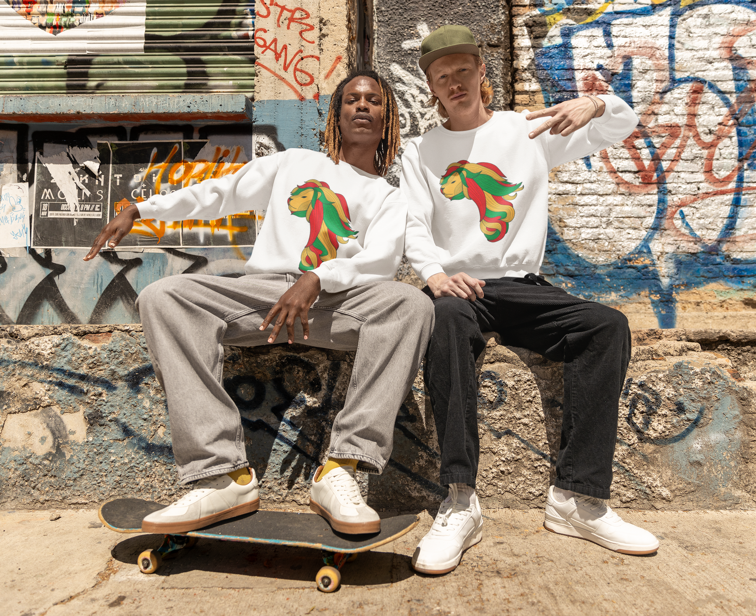 Home hip hop inspired mockup of two men sitting together and wearing matching sweatshirts m39224