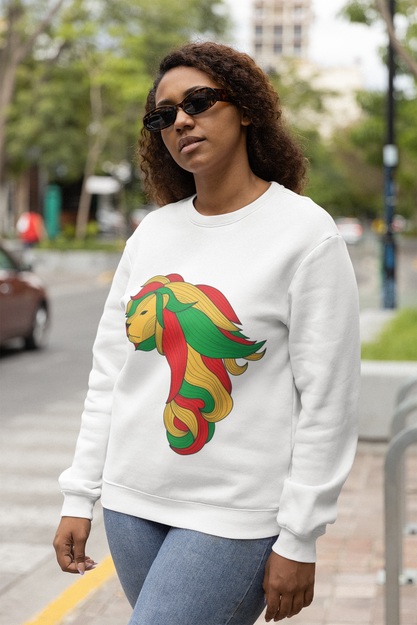 About Us sweatshirt mockup featuring a woman with curly hair wearing retro sunglasses m28764