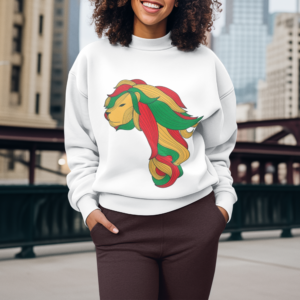 sweatshirt mockup of an ai generated cropped face woman standing on a bridge against a city m36037